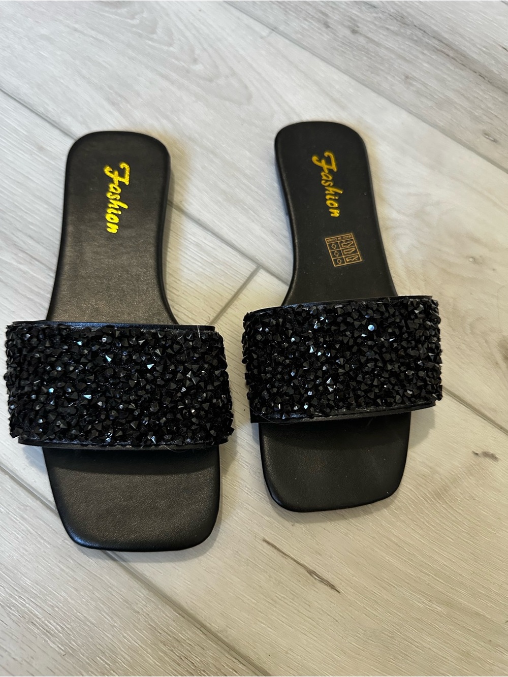 Black Crystal Strap Slide Mules by